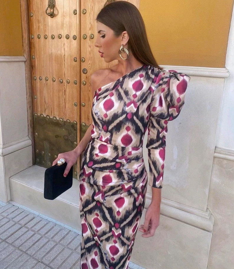 Ariana- Lila Puff-Ein-Schulter-Midi-Kleid