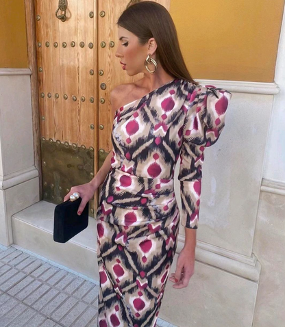 Ariana- Lila Puff-Ein-Schulter-Midi-Kleid