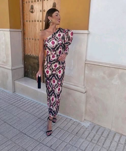 Ariana- Lila Puff-Ein-Schulter-Midi-Kleid