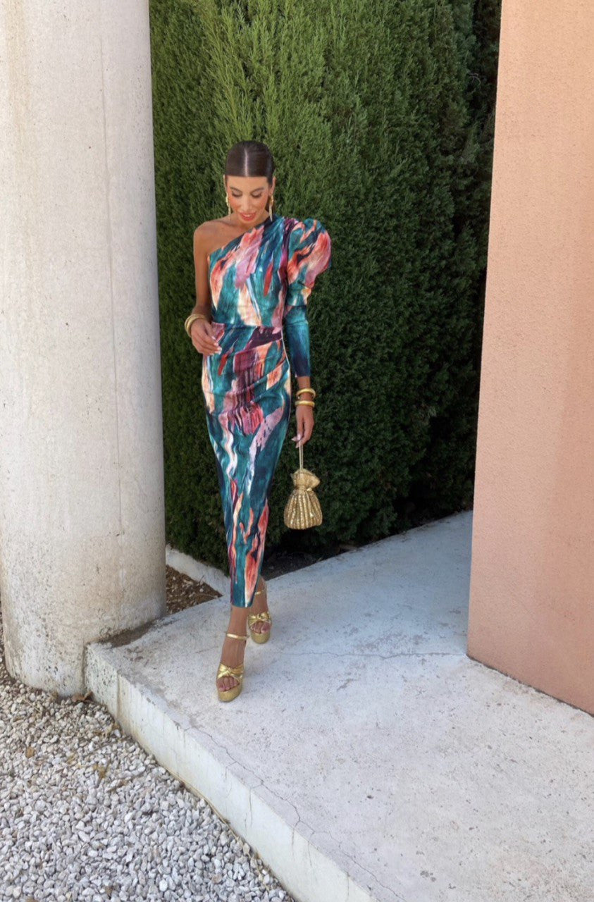 Ariana- Lila Puff-Ein-Schulter-Midi-Kleid