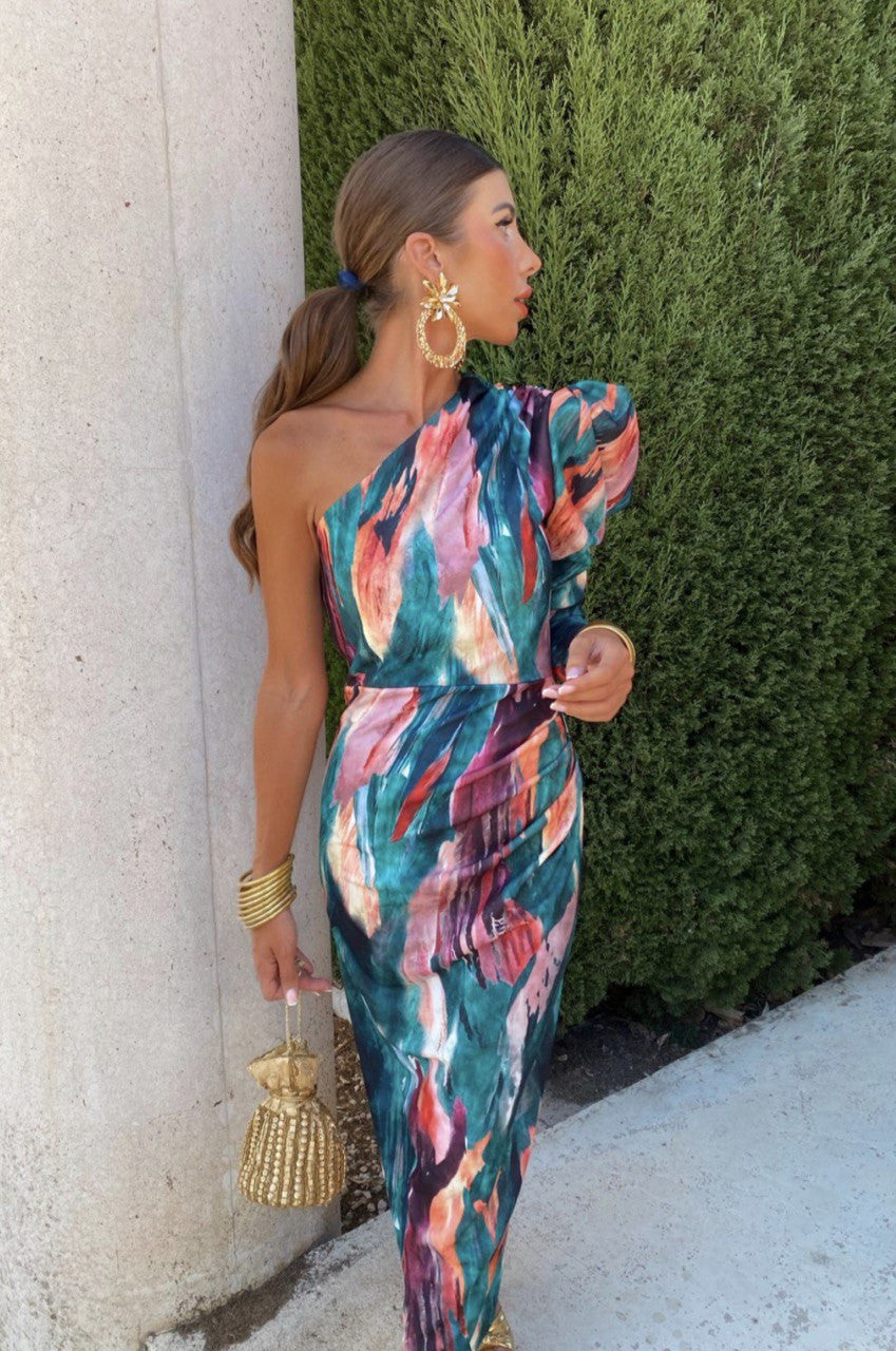Ariana- Lila Puff-Ein-Schulter-Midi-Kleid