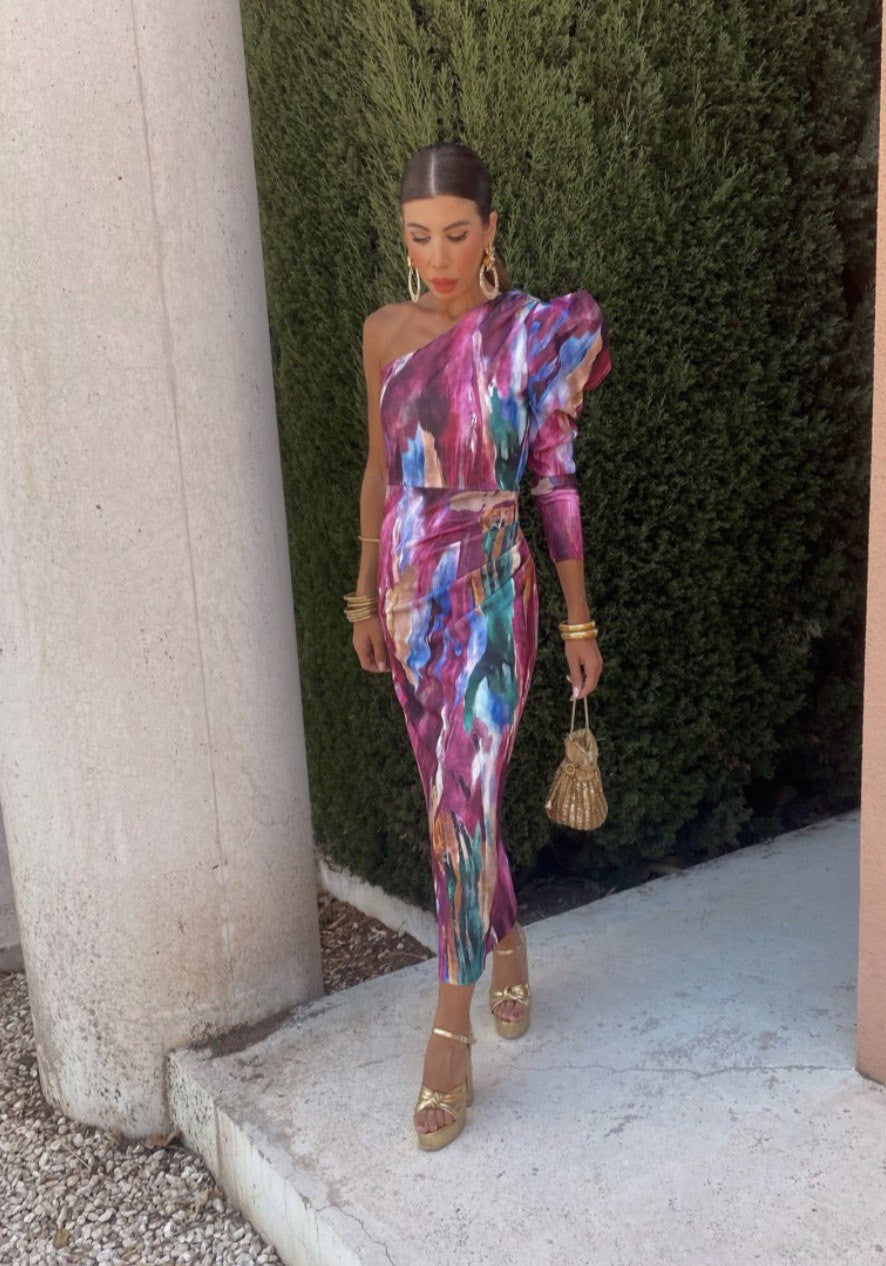 Ariana- Lila Puff-Ein-Schulter-Midi-Kleid