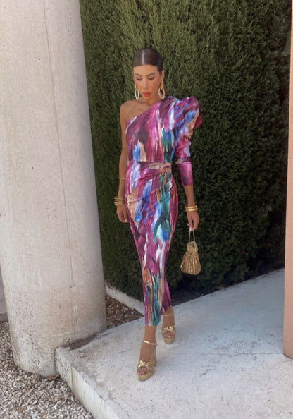Ariana- Lila Puff-Ein-Schulter-Midi-Kleid
