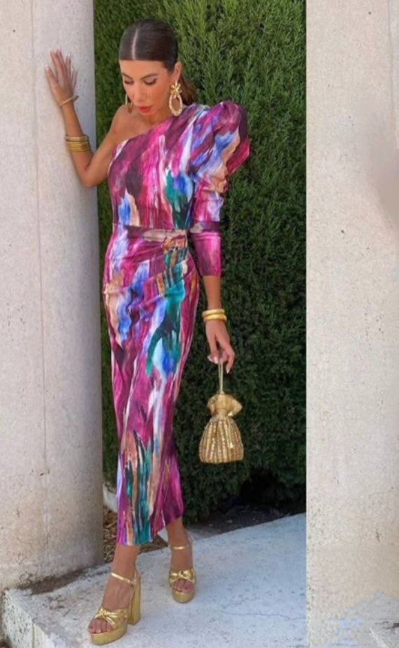 Ariana- Lila Puff-Ein-Schulter-Midi-Kleid