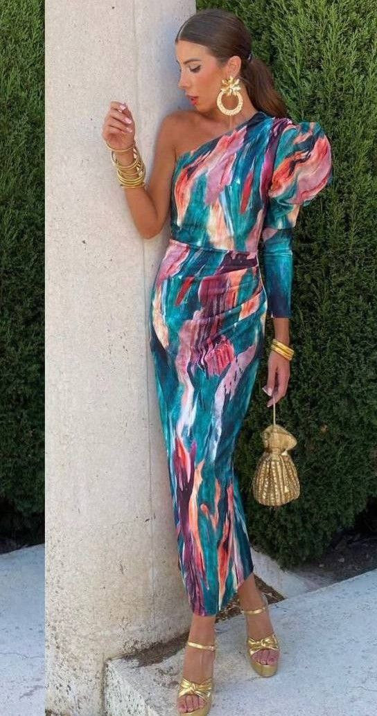Ariana- Lila Puff-Ein-Schulter-Midi-Kleid