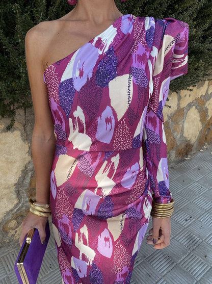Ariana- Lila Puff-Ein-Schulter-Midi-Kleid