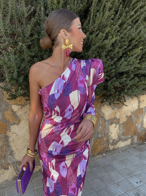 Ariana- Lila Puff-Ein-Schulter-Midi-Kleid